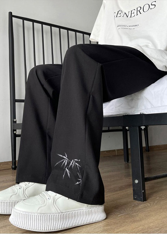 Boutique Black Pockets Print Ice Silk Pants Long Summer Yt060