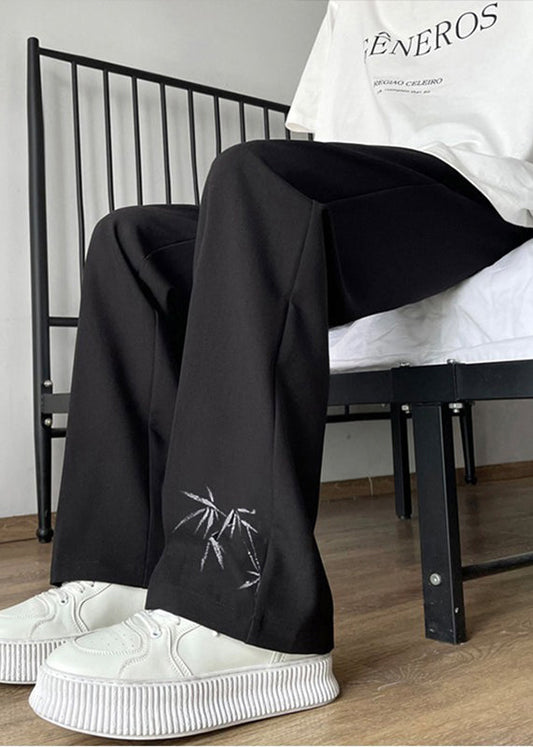Boutique Black Pockets Print Ice Silk Pants Long Summer Yt060