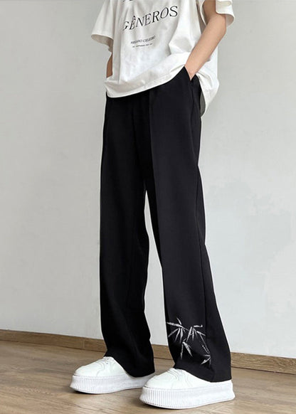 Boutique Black Pockets Print Ice Silk Pants Long Summer Yt060