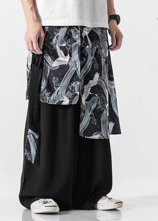 Boutique Black Pockets Print Patchwork Cotton Pants Skirt Summer Sa058