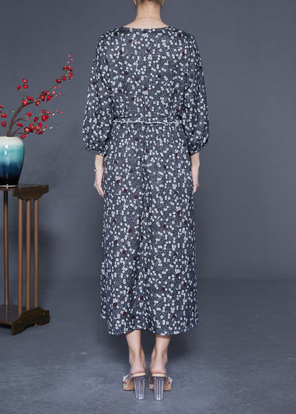 Boutique Black Ruffled Print Chiffon Long Dresses Bracelet Sleeve Ly1852