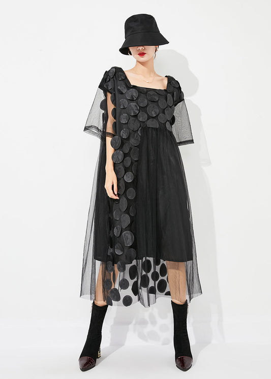 Boutique Black Square Collar Patchwork Hollow Out Tulle Long Dress Summer Ly0827