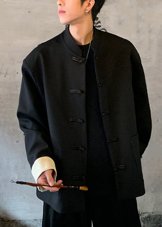 Boutique Black Stand Collar Button Pockets Coat Fall Wj032