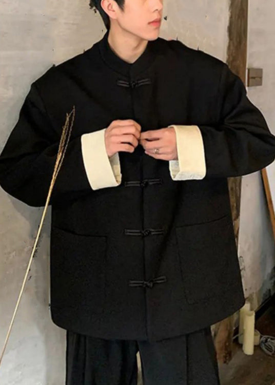 Boutique Black Stand Collar Button Pockets Coat Fall Wj032