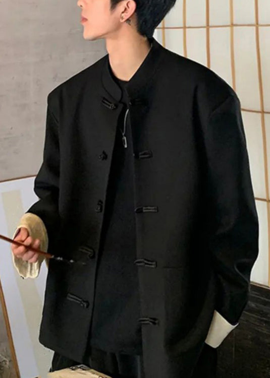Boutique Black Stand Collar Button Pockets Coat Fall Wj032