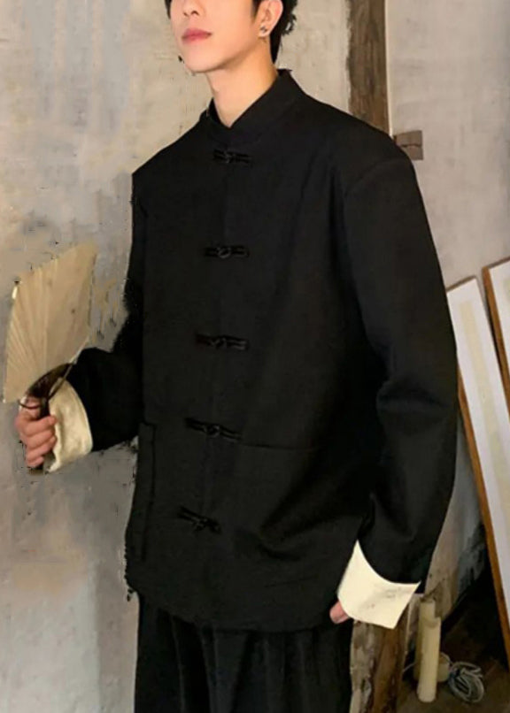 Boutique Black Stand Collar Button Pockets Coat Fall Wj032
