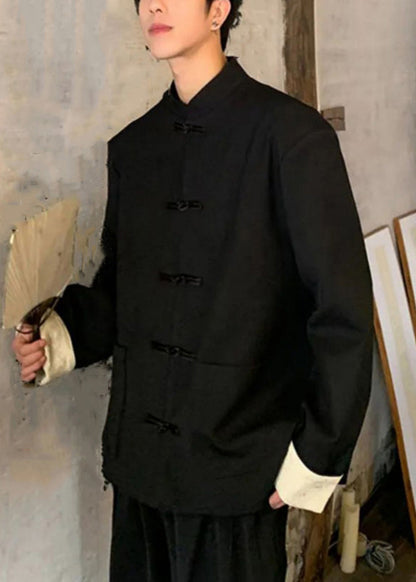 Boutique Black Stand Collar Button Pockets Coat Fall Wj032