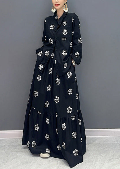 Boutique Black Stand Collar Print Patchwork Cotton Two-piece Set Fall Ao1016