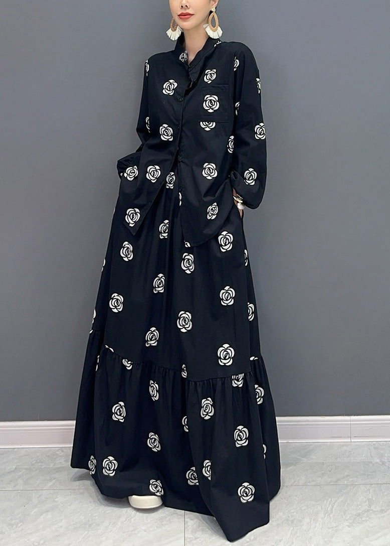 Boutique Black Stand Collar Print Patchwork Cotton Two-piece Set Fall Ao1016