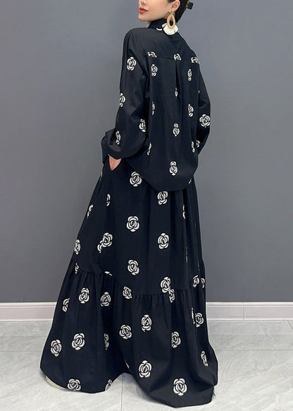 Boutique Black Stand Collar Print Patchwork Cotton Two-piece Set Fall Ao1016