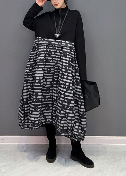 Boutique Black Zip Up Patchwork Print Long Dress Spring Ly1663