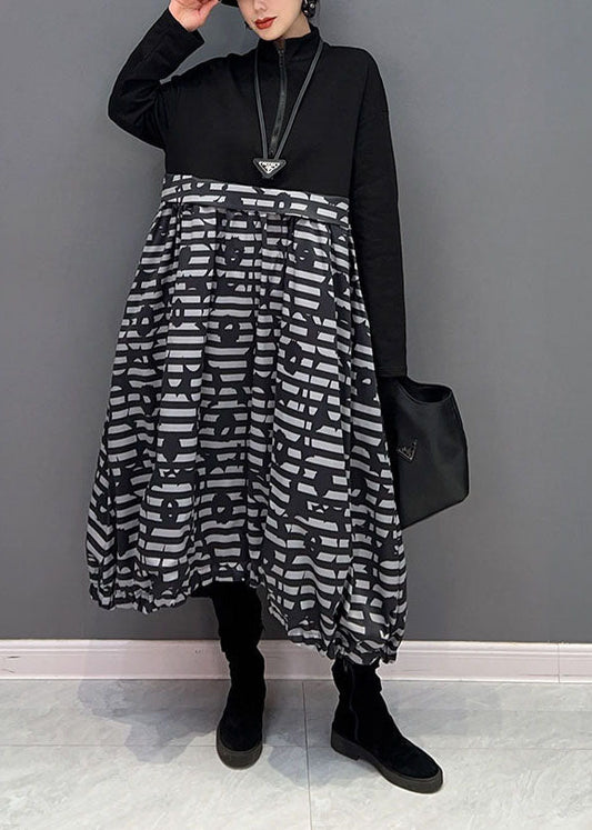 Boutique Black Zip Up Patchwork Print Long Dress Spring Ly1663