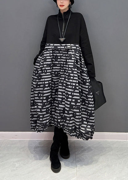 Boutique Black Zip Up Patchwork Print Long Dress Spring Ly1663