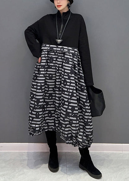Boutique Black Zip Up Patchwork Print Long Dress Spring Ly1663
