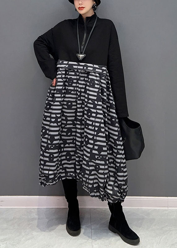 Boutique Black Zip Up Patchwork Print Long Dress Spring Ly1663