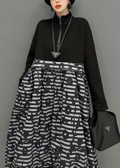 Boutique Black Zip Up Patchwork Print Long Dress Spring Ly1663