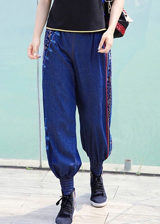 Boutique Blue Embroideried Elastic Waist Cotton Denim Harem Pants Spring Ly0186