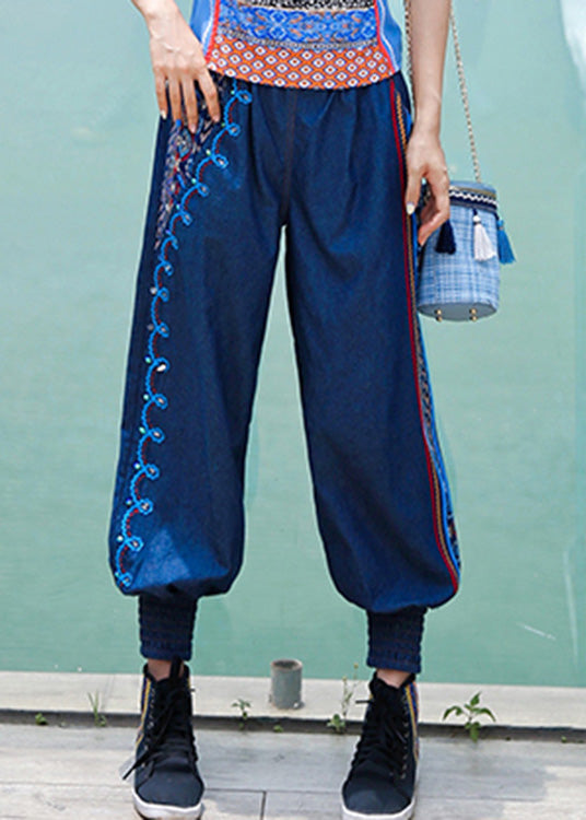 Boutique Blue Embroideried Elastic Waist Cotton Denim Harem Pants Spring Ly0186