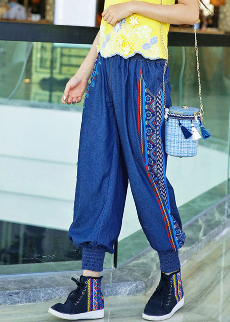 Boutique Blue Embroideried Elastic Waist Cotton Denim Harem Pants Spring Ly0186