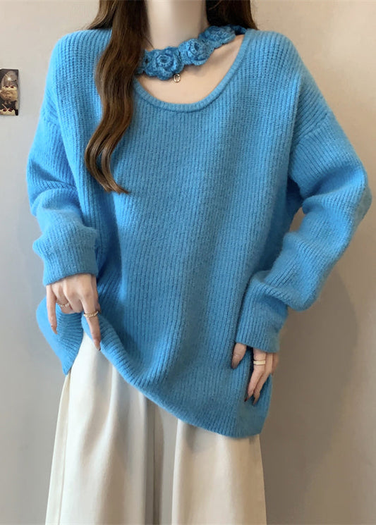 Boutique Blue Hollow Out Knit Sweater Winter Rg031
