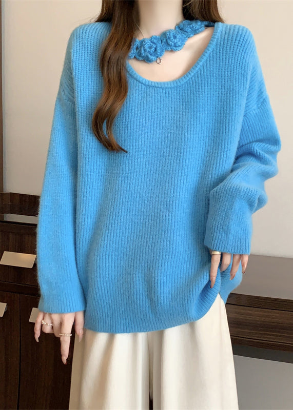 Boutique Blue Hollow Out Knit Sweater Winter Rg031