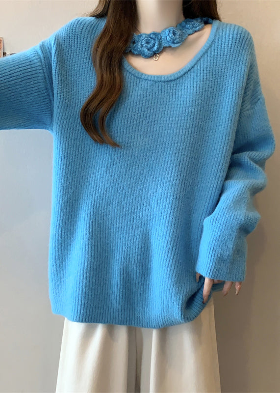 Boutique Blue Hollow Out Knit Sweater Winter Rg031