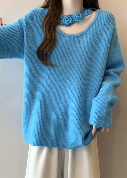 Boutique Blue Hollow Out Knit Sweater Winter Rg031