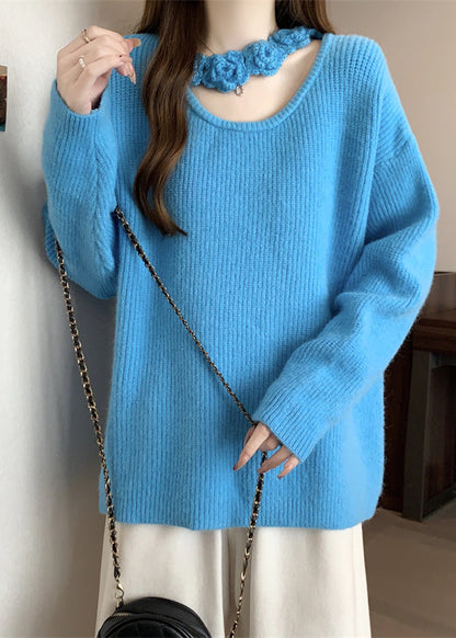 Boutique Blue Hollow Out Knit Sweater Winter Rg031