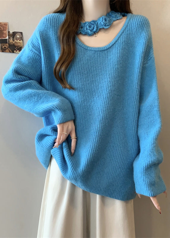 Boutique Blue Hollow Out Knit Sweater Winter Rg031