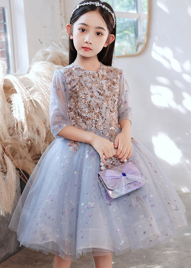 Boutique Blue O-neck Sequins Patchwork Tulle Kids Long Dress Half Sleeve Qv007