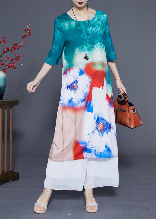 Boutique Blue O-neck Tie Dye Silk Long Dress Half Sleeve Lc0373