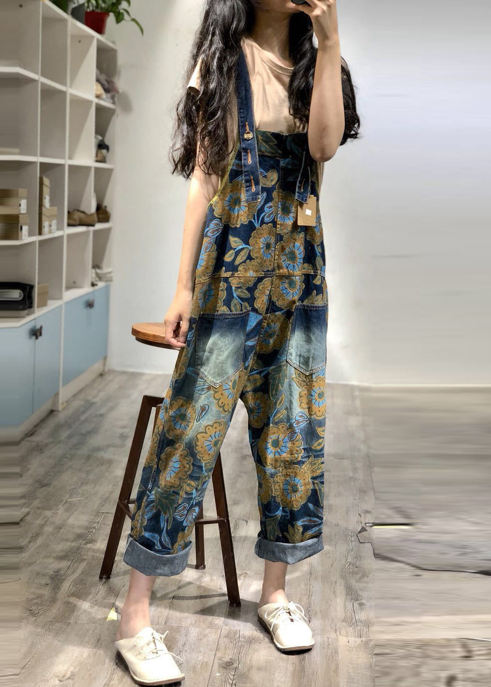 Boutique Blue Oversized Print Denim Overalls Jumpsuit Spring Oo034
