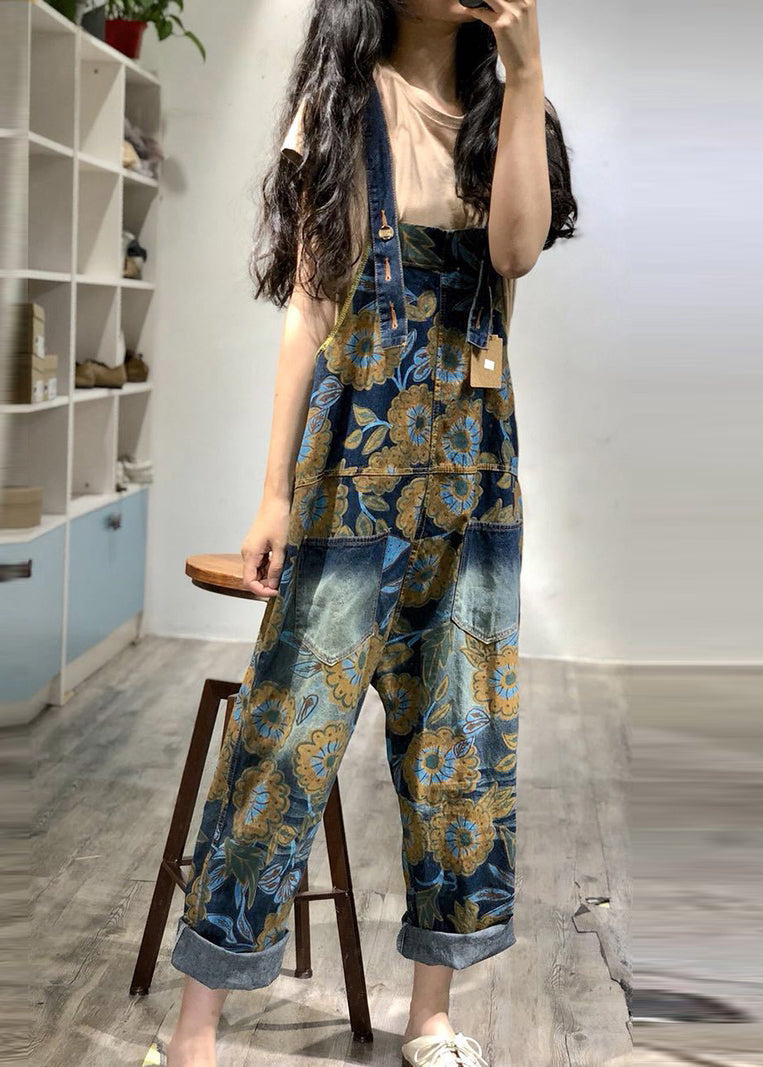 Boutique Blue Oversized Print Denim Overalls Jumpsuit Spring Oo034