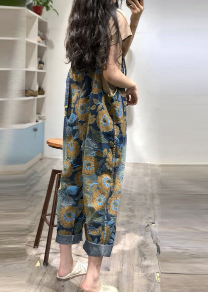 Boutique Blue Oversized Print Denim Overalls Jumpsuit Spring Oo034