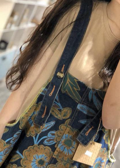 Boutique Blue Oversized Print Denim Overalls Jumpsuit Spring Oo034