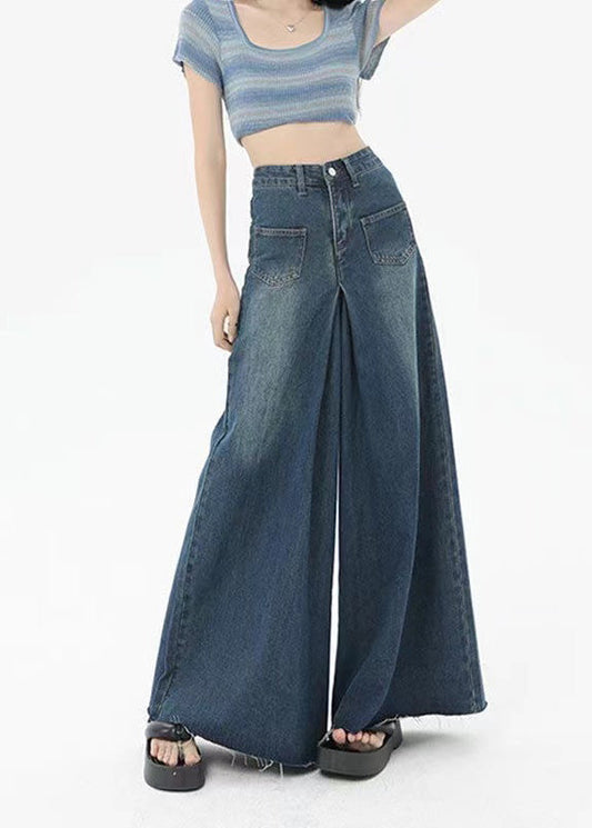 Boutique Blue Pockets High Waist Denim Wide Leg Pants Summer Qq1032