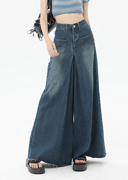 Boutique Blue Pockets High Waist Denim Wide Leg Pants Summer Qq1032