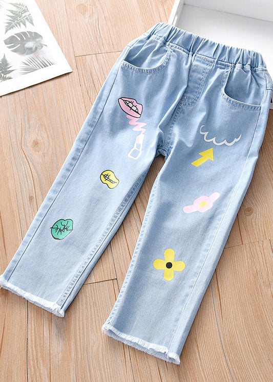 Boutique Blue Print Pockets Straight Denim Pants Tv040