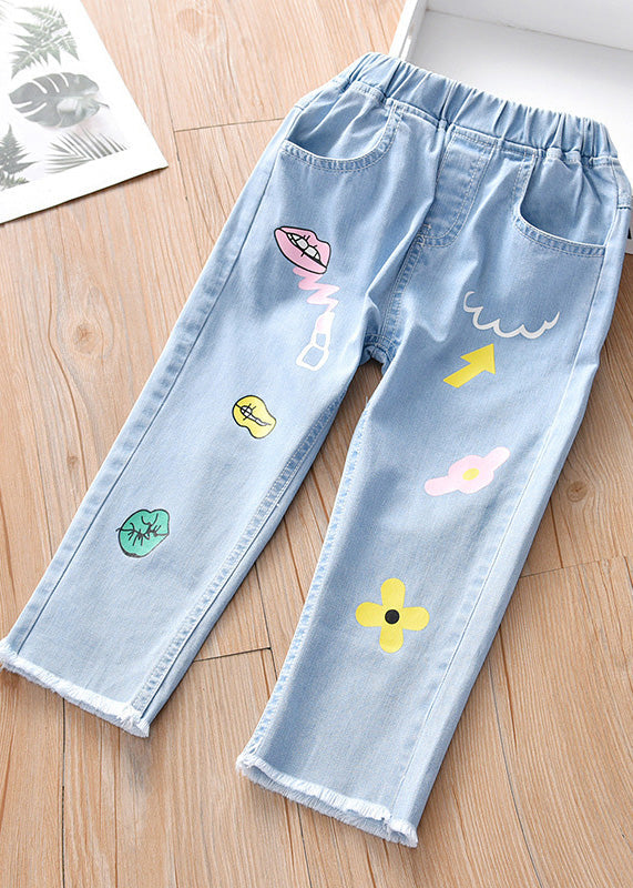Boutique Blue Print Pockets Straight Denim Pants Tv040