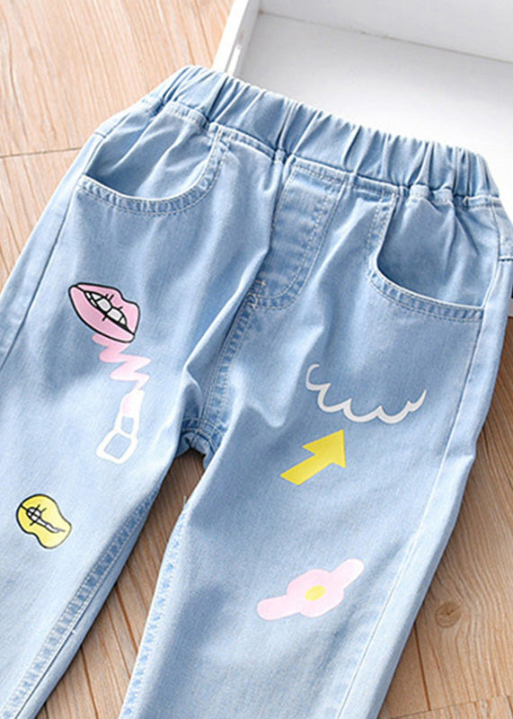 Boutique Blue Print Pockets Straight Denim Pants Tv040
