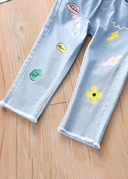 Boutique Blue Print Pockets Straight Denim Pants Tv040