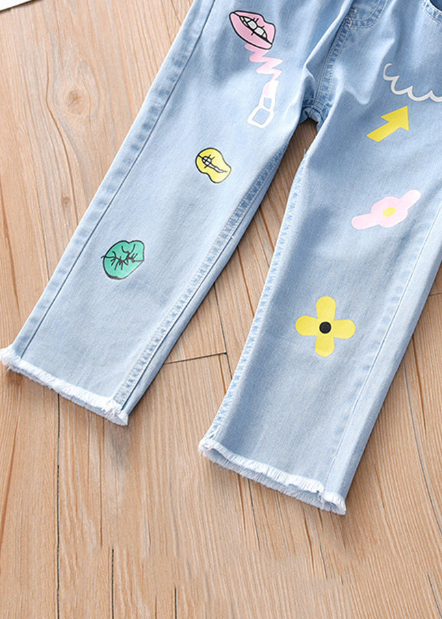 Boutique Blue Print Pockets Straight Denim Pants Tv040