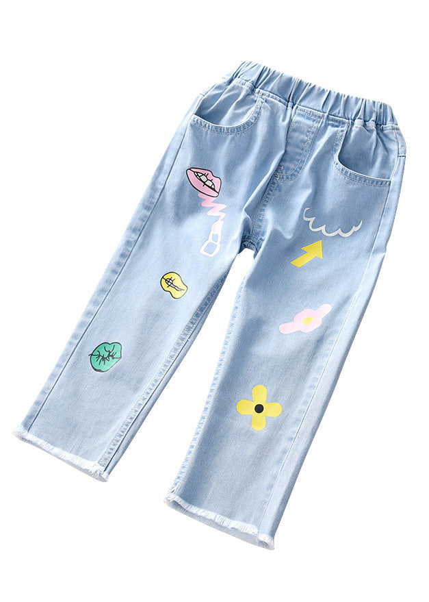 Boutique Blue Print Pockets Straight Denim Pants Tv040