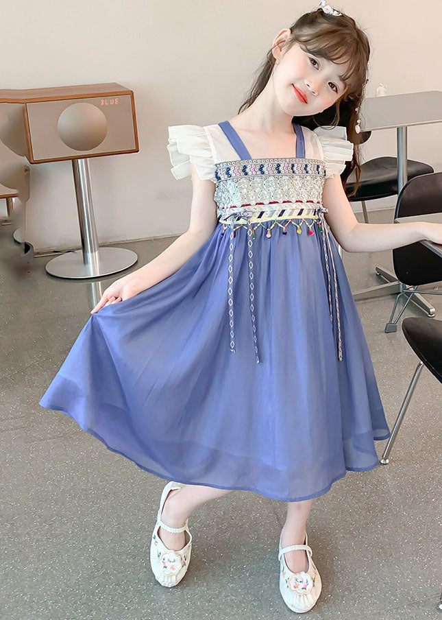 Boutique Blue Square Collar Patchwork Tassel Chiffon Kids Long Dresses Sleeveless Mn007