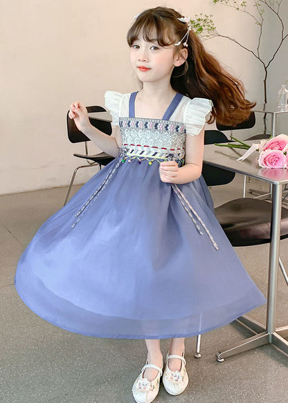 Boutique Blue Square Collar Patchwork Tassel Chiffon Kids Long Dresses Sleeveless Mn007