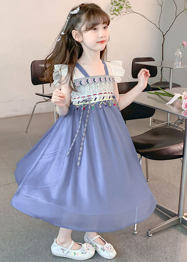 Boutique Blue Square Collar Patchwork Tassel Chiffon Kids Long Dresses Sleeveless Mn007