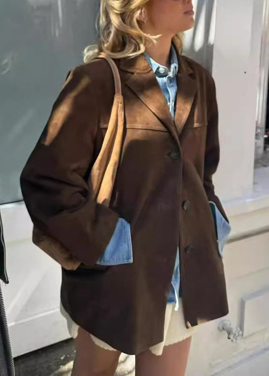 Boutique Brown Peter Pan Collar Button Faux Suede Coat Fall Qy039