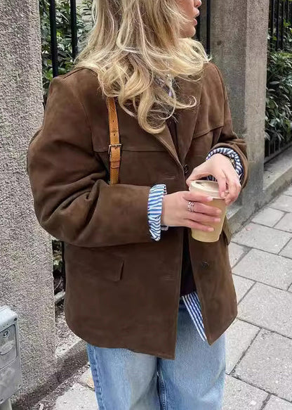 Boutique Brown Peter Pan Collar Button Faux Suede Coat Fall Qy039