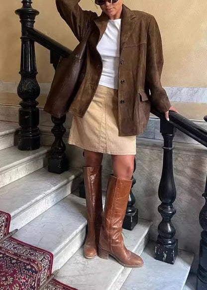 Boutique Brown Peter Pan Collar Button Faux Suede Coat Fall Qy039