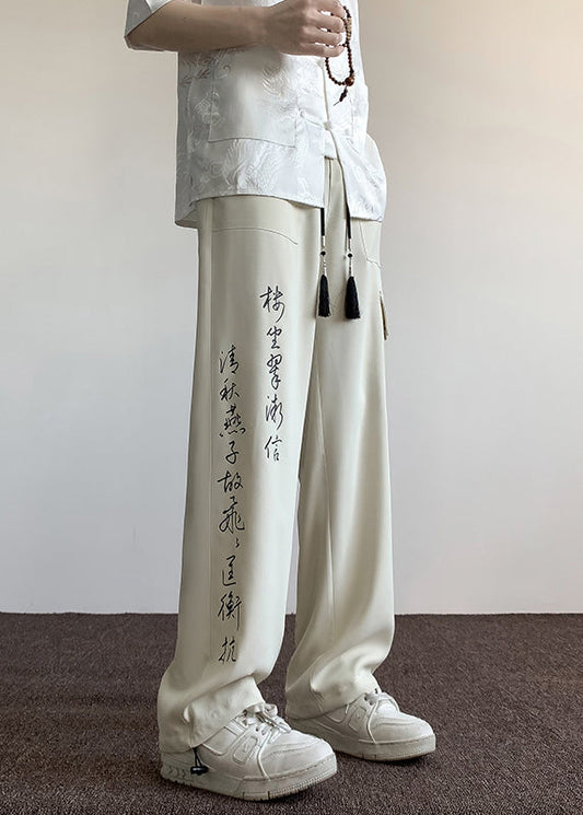 Boutique Chinese Style Beige Pockets Print Ice Silk Pants Summer Yt049
